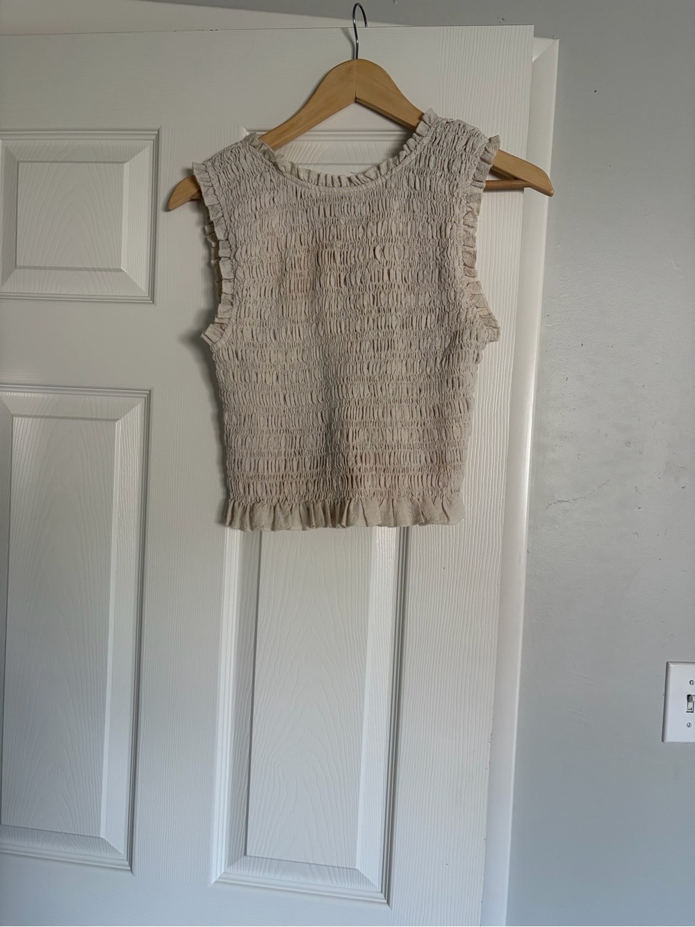 Carly Jean Los Angeles Cream Smocked Ruffle Hem Top